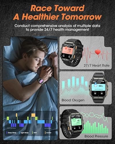 Military Smart Watches for Men (Answer/Make Calls), 2.02'' Fitness Smart Watch for Android and iPhone, Waterproof Fitness Tracker with Blood Pressure/Heart Rate/Sleep/100+ Sport Modes, Watches for Men thumbnail 4