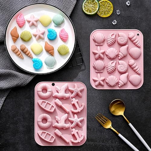 Seashell and Nautical Silicone Mold Set, 2 Pack Pink Ice Cube Trays with Starfish Anchor Shell Designs thumbnail 9