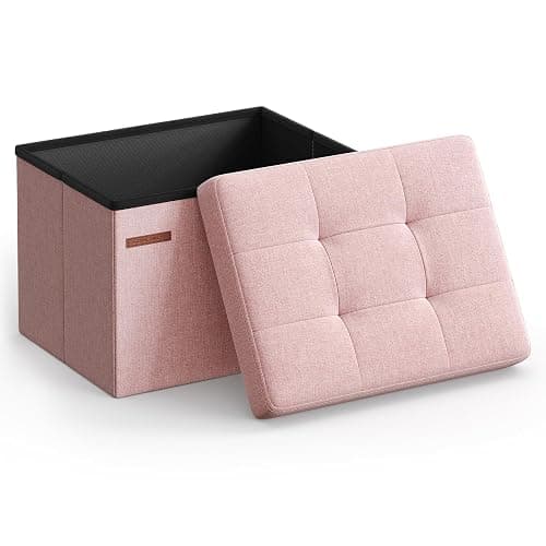 SONGMICS MAZIE Collection - Small Folding Storage Ottoman, Foot Rest Stool, 12.2 x 16.1 x 12.2 Inches, 286 lb Load Capacity, for Living Room, Bedroom, Home Office, Dorm, Jelly Pink ULSF102R01 - Image 1