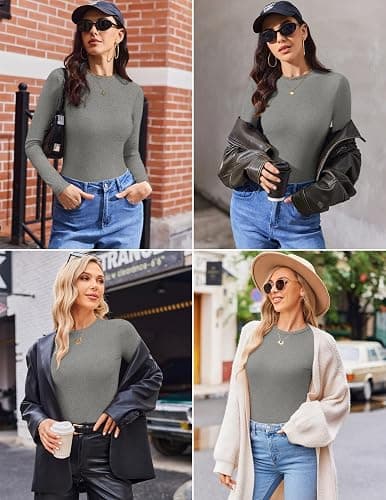 Ekouaer Women's Long Sleeve Shirts 3 Packs Crew Neck Stretchy Fitted Tops Ribbed Base Layer Soft Thermal Undershirts Tee thumbnail 5