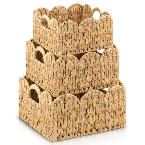 GVKGVK 3 Pack Scalloped Edge Basket Hand Woven Wicker Storage Baskets Rattan Baskets with Handles for Organizing and Storage - Image 1