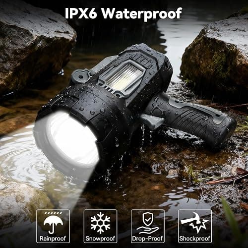 Rechargeable Spotlight 200000 Lumens, Waterproof Super Bright Spotlight Flashlight, LED Spotlights with 3 Color Lenses and Foldable Stand, Long Runtime Large Handheld Spot Light for Outdoor Boating thumbnail 6