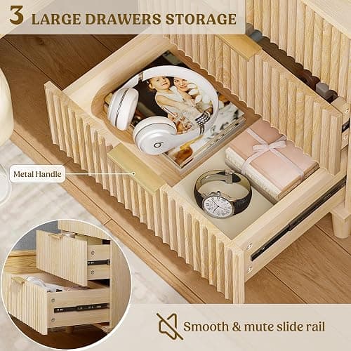 Lulive Wood 3 Drawers Dresser Fluted Night Stand with Charging Station, Storage Nightstand Modern Side Table, Bedside Table for Bedroom, Entryway Natural thumbnail 4