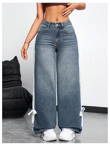 MakeMeChic Women's Straight Wide Leg Denim Pants Striped Bow Rise Jeans with Pocket Y2K Streetwear thumbnail 3
