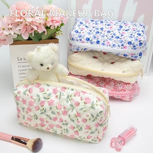 PAZIMIIK Vintage Quilted Makeup Bag Cosmetic Pouch for Brushes Pencils and Travel Make Up Accessories for Women and Girls Flower White thumbnail 6