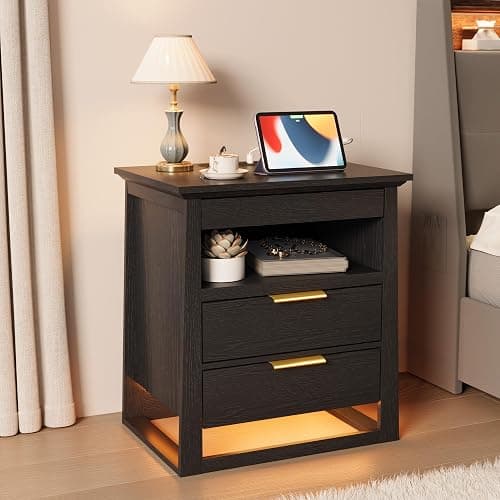 Rresyet Nightstand with Sensor LED Light and Charging Station, 24" Tall End Table with 3 Drawers, Modern Night Stand with Storage, Wooden Bedside Table for Bedroom. (Black) thumbnail 7