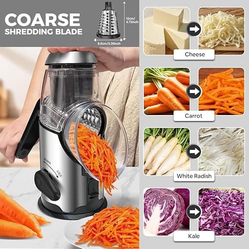 Airpro Rotary Cheese Grater with Handle - Vegetable Shredder with 3 Stainless Steel Blades & Strong Suction Base,Round Mandoline Slicer & Food Chopper for Kitchen thumbnail 4