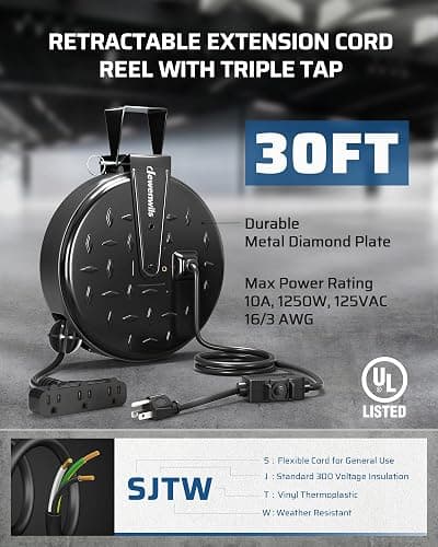 DEWENWILS 30 Ft Retractable Extension Cord Reel, Ceiling/Wall Mount 16/3 Gauge SJTW Power Cord with 3 Electrical Outlets Pigtail for Garage and Shop, 10 Amp Circuit Breaker, Metal Plate, UL Listed thumbnail 3