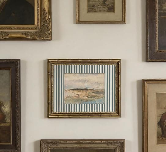 Vintage Gold Framed Beach Landscape Canvas Wall Art Blue Striped Mat Grass Lake Wall Decor Picture Rustic Scenery Painting Print Poster for Living Room Bedroom Bathroom Home Decoration thumbnail 6