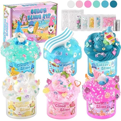 LAWOHO 6 Pack Slimes, Pink & Blue Slime Kit for Kids Ages 4-12 with Cloud, Butter & Water Slime, Non-Sticky Soft Sensory Toys, Slime Party Favors, Goodie Bag Stuffers for Girls & Boys Birthday Gifts - Mermaid Gnome - Image 1