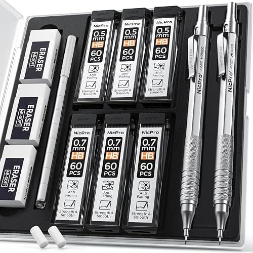 Nicpro 2 PCS Mechanical Pencil 0.5mm & 0.7 mm with Case, MP1000 Metal Artist Pencil Set with 6 Tubes HB Lead Refills, 3 Erasers, 9 Eraser Refills For Art Writing Drafting, Drawing, Sketch, Silver thumbnail 8
