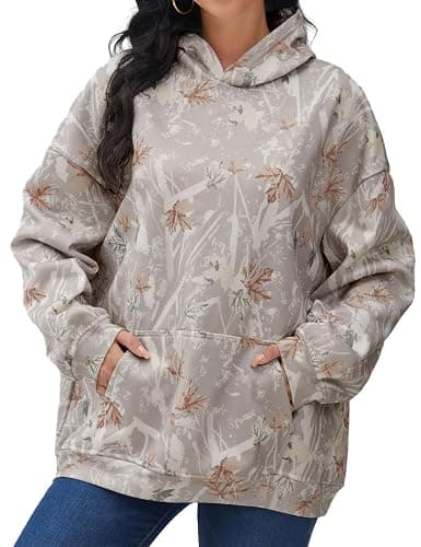 JEIBKOUY Womens Oversized Camo Hoodie Y2k Maple Leaf Print Fleece Hooded Pullover Sweatshirt Casual Long Sleeve Fall Outfits thumbnail 2