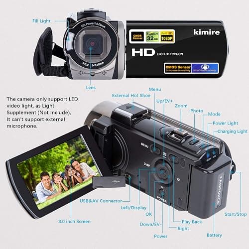 kimire Video Camera Camcorder Digital Camera Recorder Full HD 1080P 15FPS 24MP 3.0 Inch 270 Degree Rotation LCD 16X Digital Zoom Camcorder Camera with 2 Batteries(Black) thumbnail 2