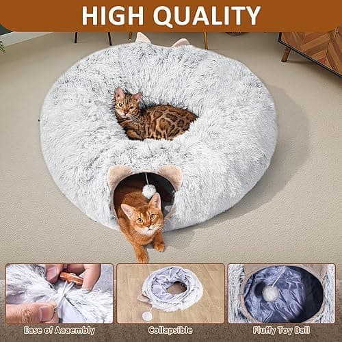 ZVBEK Cat Tunnel with Cat Bed for Indoor Cats, Under Christmas Tree Soft Plush Peekaboo Cat Cave Donut Tunnel, Multifunctional Cat Playground Toys Hideplace for Cats, Kittens, Rabbit, Ferret (Grey) thumbnail 6