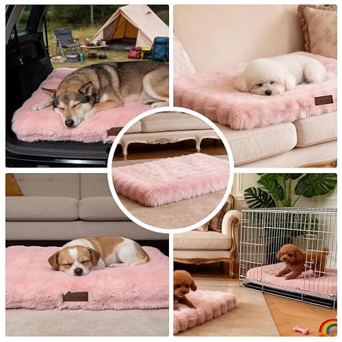 Vhen When Orthopedic Dog Beds for Medium Dogs, Fluffy Faux Rabbit Fur Pet Bed with Removable Washable Cover, Dog Bed Mat with Egg Crate Foam & Waterproof Lining, Anti Slip Bottom, Pink,30"x20"x3" thumbnail 5