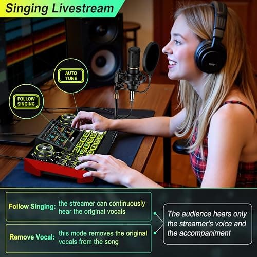 Podcast Microphone Bundle with Live Sound Card Audio Mixer, Podcast Equipment Bundle Sound Board with 3.5mm Condenser Microphone for Pc/Phone Live Streaming Singing Gaming,Voice Changer, Denoise thumbnail 6