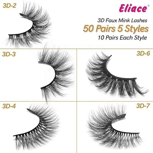 Eliace Eyelashes, (50 Pairs,5 Styles) Luxurious Faux Mink Lashes Natural Look Wispy Fluffy Handmade Cat Eye False Lash Pack, False Eyelashes Set, Fake Lashes Strips, Makeup Fake Eyelashes Pack thumbnail 3
