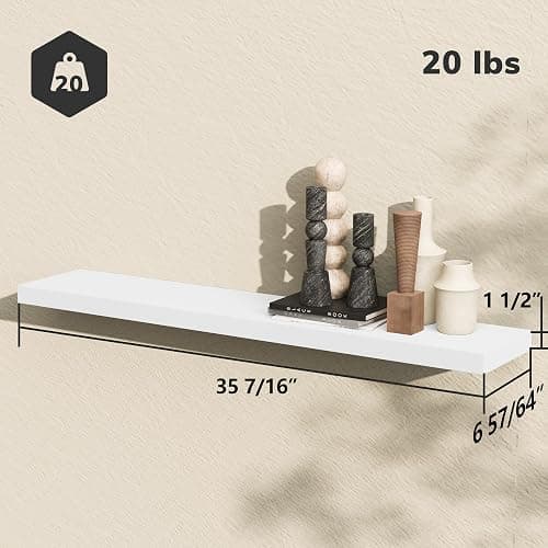 BAMEOS Floating Shelves, 35 in W x 7in D White Wall Mounted Wooden Shelves with Invisible Brackets Set of 2, Hanging Wall Shelves Decoration for Bedroom and Kitchen thumbnail 3