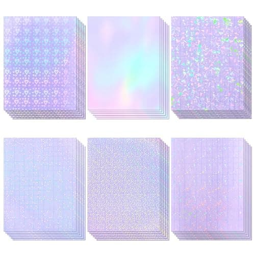 36 Sheets Holographic Sticker Paper, Clear Vinyl Lamination Sticker Film Self Adhesive, Transparent Overlay Laminate Sticker Paper Waterproof-Gem/Dots/Sand Star/Rainbow/Star/Heart, 8.5x11 Inch - Image 1