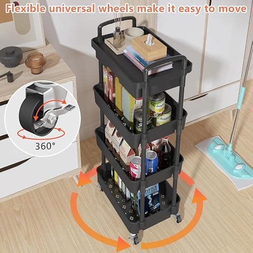 Calmootey 4-Tier Rolling Utility Cart with Drawer,Multifunctional Storage Organizer with Plastic Shelf & Metal Wheel,Storage Cart for Kitchen,Bathroom,Living Room,Office,Black thumbnail 8