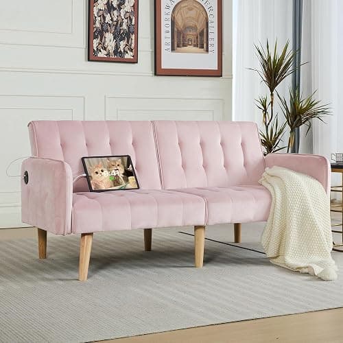 TYBOATLE 65" W Velvet Modern Convertible Folding Futon Couch Sofa Bed w/ 2 USB Charging Ports and arms, Loveseat for Compact Living Space, Dorm, Game Studio, Bonus Room, Apartment, Bedroom (Pink) - Pink thumbnail 2
