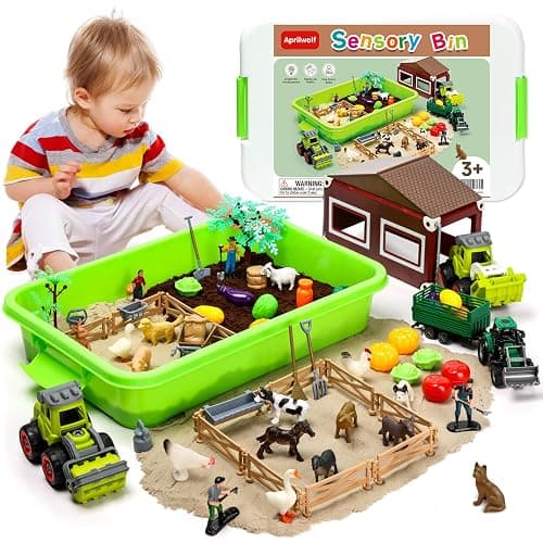 Aprilwolf 69 PCS Farm Sensory Bin Toys Playset, Sandboxes with Sand, Farmer Tractor & Farm Animals Figures Toys for Kids 3 4 5, Gifts for 6 7 Years Old Boys Girls Toddlers - Image 1
