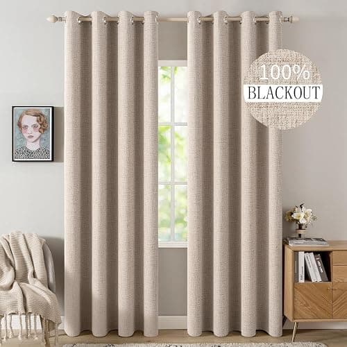 MIULEE 100% Blackout Linen Textured Curtains for Bedroom Solid Thermal Insulated Natural Beige Grommet Room Darkening Curtains & Drapes Luxury Decor for Living Room 52 x 84 Inch (2 Panels) - Image 1