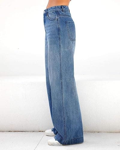 Womens Straight Wide Leg Jeans High Waisted Stretchy Baggy Denim Pants. thumbnail 3