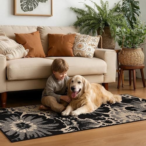 Findosom Hallway Runner Rug 2x8, Non Slip High-Low Textured Floral Washable Runner Rug with Rubber Backing, Boho Carpet Runner for Kitchen, Entryway, Bedroom, Laundry, Black & Beige thumbnail 3