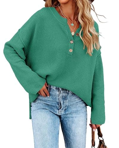 Saodimallsu Womens Oversized Sweaters Long Sleeve V Neck Knit Pullover | Batwing Long Sleeve, Oversized Sweaters, Loose Pullover, V Neck, Button Henley Tops, Winter Pullover, Knit Jumper - Image 1