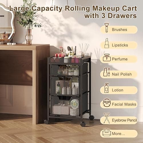 JKsmart Rolling Makeup Cart Organizer with 3 Drawers, Cosmetics Display with Dividers, Floor Skincare Storage with Wheels, Versatile Vanity Organizer for Nail Polish Perfume Brush Hair Tool, Black thumbnail 7