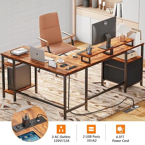 Furologee 66” L Shaped Desk with Power Outlet, Reversible Computer Gaming Desk with File Drawer & 2 Monitor Stands for Home Office with Storage Shelves, Rustic Brown thumbnail 5