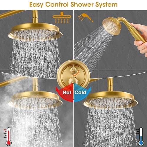 Hangoro Rainfall Shower Head with Handheld Combo, Brushed Gold Shower System with Balance Pressure Valve, 9 inch Shower Head and Faucet Set, Rain Shower Head with Handheld Spray Wall Mount(B2312-BG) thumbnail 6