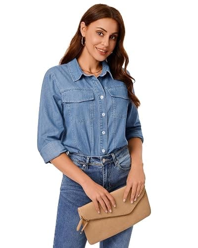 GRAPENT Denim Button Down Shirts for Women Long Sleeve Western Casual Lightweight Collared Pocket Jean Shirt Shacket Top thumbnail 5