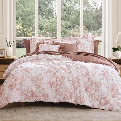 BLOOMHAVEN Queen Comforter Set -7 Pieces Pink Floral Comforter Set - Image 1