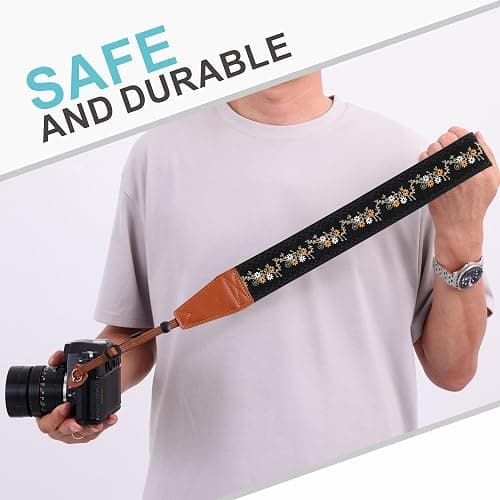 Padwa Lifestyle Camera Strap - 2" Full Grain Leather Ends Camera Straps for Photographers, Vintage Embroidered Cotton Weave Soft Suede Fabric Padded Strap Quick Release fits All Cameras thumbnail 7
