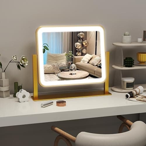 ROLOVE Gold Lighted Makeup Mirror, 14"x12" Vanity Mirror with Smart Touch Control, 3-Color Dimmable Lighting, 360° Rotation for Desk or Bedroom thumbnail 6