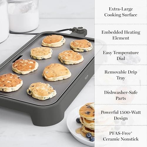 Martha Stewart 12"x 22" XL Electric Griddle, Ceramic Nonstick Flat Top | PFAS-Free Nonstick Grill, XL Cooking Surface for Pancakes & Eggs, Adjustable Temp Dial, Drip Tray, 1500W Heating, Caviar Gray thumbnail 9