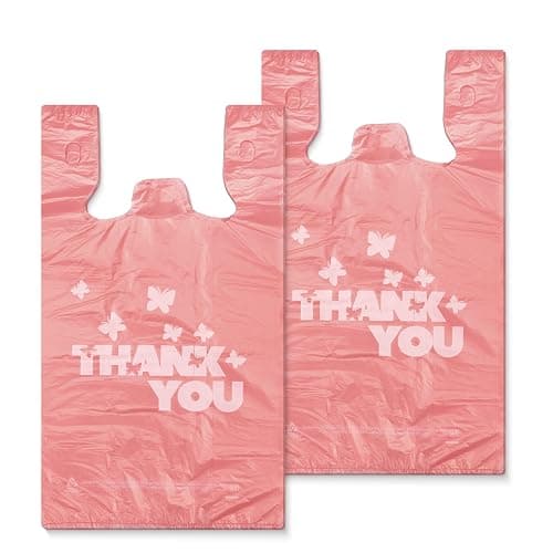 PINK Thank you bags, 100PCS T shirt bags, To Go Bags,Grocery bags, Reusable and Disposable,Perfect for Small Business,Take Out,Retails,11 inchx6 inchx21 inch(100),Large - Image 1