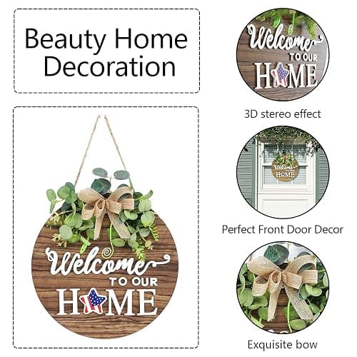 Interchangeable Seasonal Welcome Sign Front Door Decoration, Rustic Round Wood Wreaths Wall Hanging Outdoor, Farmhouse, Porch, for Spring Summer Fall All Seasons Holiday Halloween Christmas. thumbnail 4