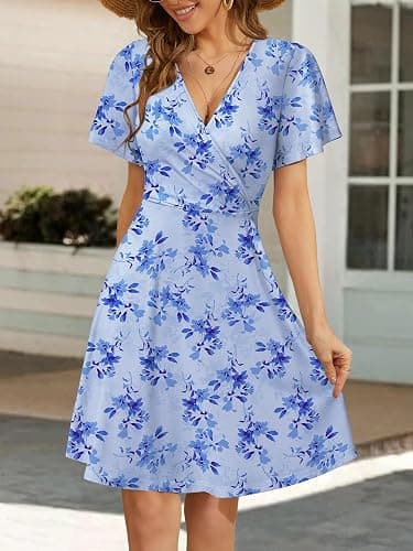 FENSACE Womens Sundress Summer Floral Short Sleeve Wrap V Neck A-Line Midi Dress thumbnail 5