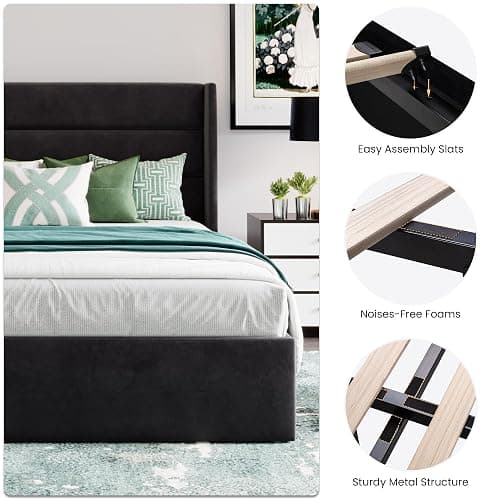 SHA CERLIN Queen Size Lift Up Storage Bed/Velvet Upholstered/Modern Wingback Headboard/Upholstered Platform Bed Frame/Hydraulic Storage/No Box Spring Needed/Black thumbnail 5