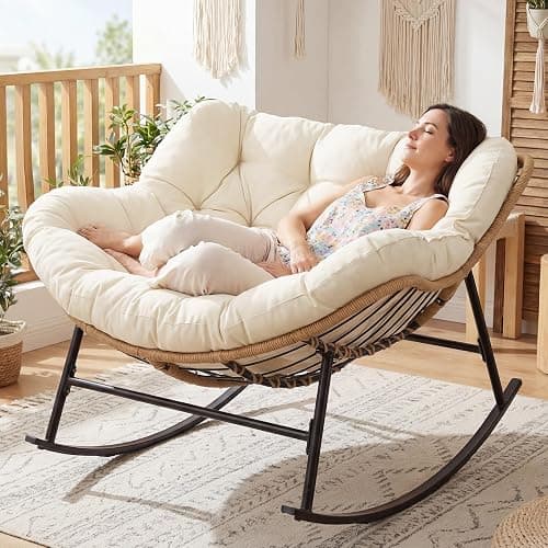 NICESOUL Papasan Rocking Chair with Cushion Indoor Outdoor, Oversized Padded Egg Rocking Chair, All-Weather Wicker Rattan Lounge Rocker, 450 lbs Capacity Glider for Living Room Balcony Porch, Beige - Image 1