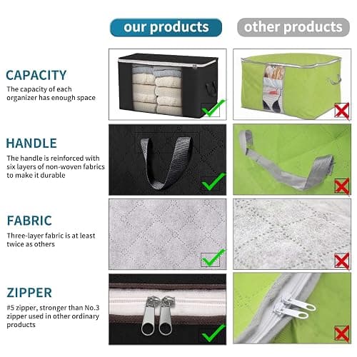 Large Storage Bags, 6 Pack Clothes Storage Bins Foldable Closet Organizers Storage Containers with Durable Handles Thick Fabric for Blanket Comforter Clothing Bedding 90 L (Black) - Black - 6 Pack thumbnail 3