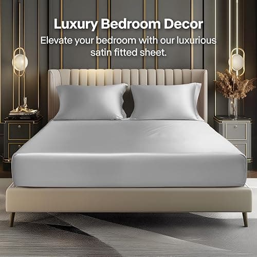 BEDELITE Satin Fitted Sheet & Pillowcases Set, Full Size, Grey, 3 Pieces | Luxury Soft Silk-Like Fitted Sheet Set, 15 Inch Deep Pocket, Elegant Smooth and Reduces Friction, Gentle on Hair and Skin thumbnail 2
