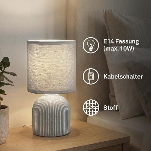BRILONER - Tischlampe mit Stoffschirm, Kabelschalter, Keramikfuß, Lampe, Nachttischlampe, Tischleuchte, Dekolampe Flur, Bürolampe, Leselampe, Wohnzimmer, Schlafzimmer, 15x28 cm (DxH), Grau thumbnail 4