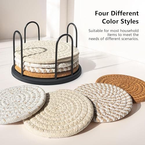 Lazebox Coasters Set of 8 for Drinks, Beer, Coffee, Cotton Woven 4 Colors Absorbent Coaster with Holder, Boho Coasters for Home Decor Tabletop Protection Suitable for Kinds of Cups, Coffee thumbnail 5