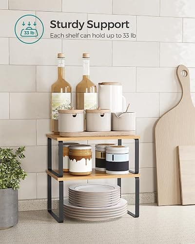 SONGMICS Cabinet Organizer Shelf, Set of 2 Kitchen Counter Shelves, Kitchen Storage, Spice Rack, Stackable, Expandable, Metal and Engineered Wood, Ink Black and Natural Beige UKCS02NB thumbnail 5