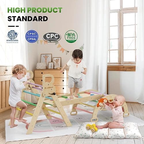 BlueWood Pikler Triangle Set with Cushion - Climbing Toys for Toddlers 9-in-1, Montessori Philosophy Play Jungle Gym with Arch, Ramp, Ladder (Rainbow) thumbnail 8