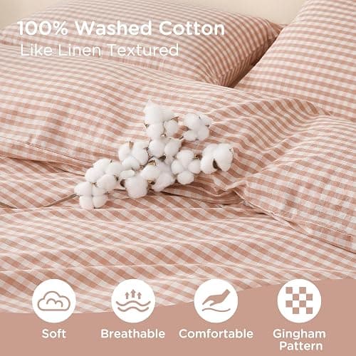 TOCOMOA Pink Tan Gingham Duvet Cover Bedding Set 100% Washed Cotton Like Linen Feel Super Soft Comfy 2 Piece Vintage Plaid Checkered Fall Comforter Cover Set (Twin 68"x90", Comforter Not Included) thumbnail 5